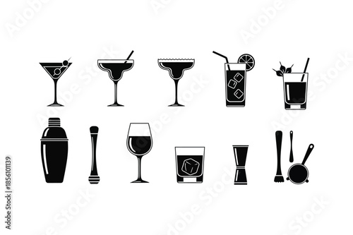 Set of Wine Glass Icons and Drinkware Silhouettes for Bar and Restaurant Menu Design