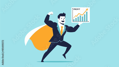 Business Hero Presenting Upward Trend Bar Chart for Success and Growth Concept Businessman superhero success