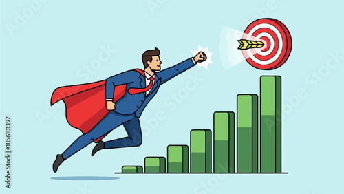 Businessman with Cape Achieving Upward Trend Target with Arrow on Bar Chart Businessman superhero success
