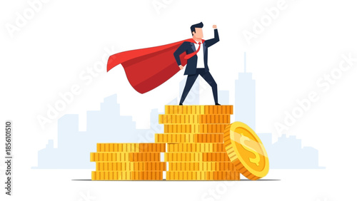 Business Leader Standing on Stacks of Gold Coins with Red Cape Silhouette Businessman superhero success