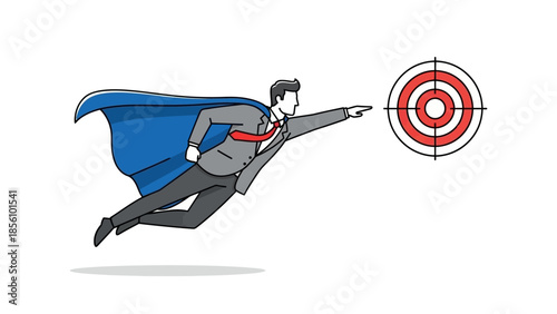 Businessman in Cape Flying Directly Toward Corporate Target and Achievement Goal Businessman superhero success