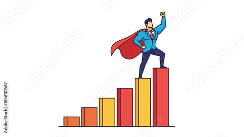 Businessman with Cape Standing on Highest Bar of Upward Trending Growth Chart Businessman superhero success