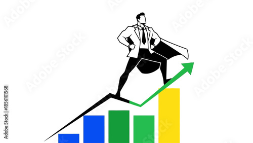 Business Success Concept with Heroic Figure Standing on Upward Trending Bar Chart Businessman superhero success