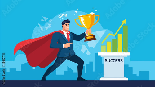 Businessman in Cape Holding Trophy Near Upward Trending Bar Chart for Achievement Businessman superhero success
