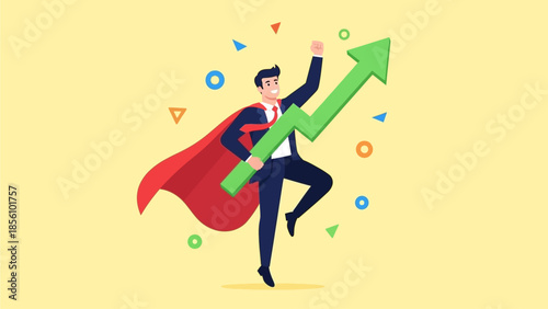 Businessman Hero Holding Upward Trending Growth Arrow for Success Concept Businessman superhero success