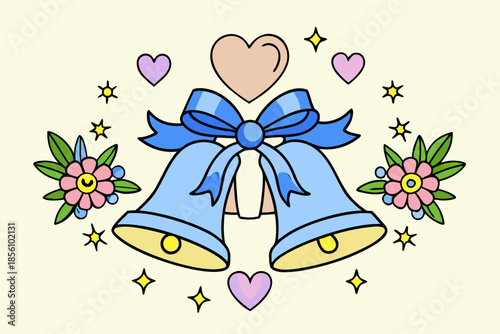 Celebratory wedding bells with flowers and hearts