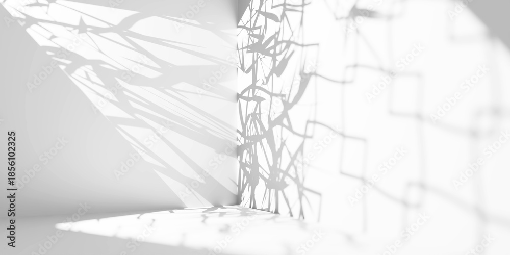 Obraz premium Natural Bamboo Leaves and Window Shadow Overlay Effect on White Wall, Abstract Summer Sunlight Shadows on Transparent Background