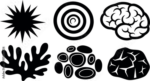 Abstract black silhouette icons of brain sun coral cells and cracked stone vector illustration 
