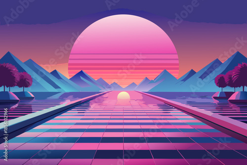 Retro futuristic sunset over mountains