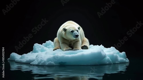 Ours blanc esseulé sur un petit iceberg. Isolé sur fond noir, symbole d'une situation triste de la fonte des glaces et de la fin d'une espèce