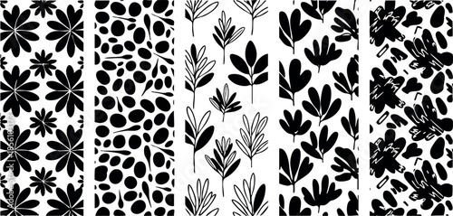 Black and white floral seamless pattern vector with leaves and petals design 