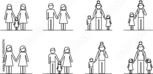 Set of Minimalist Line Art Icons Representing Diverse Modern Families Including Same Sex Couples Heterosexual Parents and Children for Graphic Design