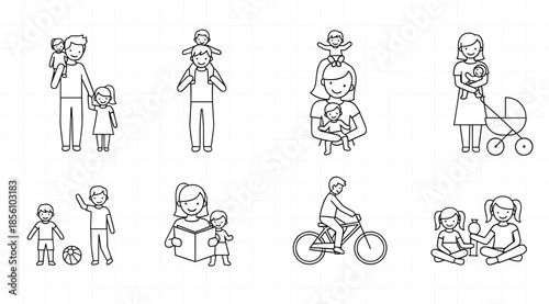 Set of Minimalist Line Art Icons Depicting Parents and Children Engaged in Daily Activities Like Playing Cycling Reading and Outdoor Family Fun