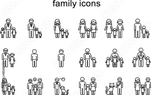 Collection of Diverse Family Line Art Icons Including Same Sex Couples Single Parents Senior Citizens and Pets for Inclusive Graphic Design Projects