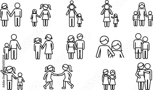 Vector Set of Diverse Family Line Icons Featuring Single Parents Same Sex Couples and Children for Inclusive Graphic Design Projects