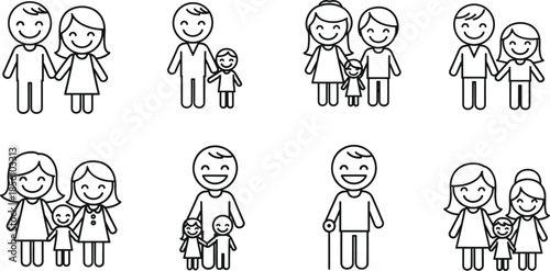 Vector Illustration Bundle of Happy Family Line Icons Featuring Diverse Avatars Parents Reading and Children Playing for Inclusive Graphic Design