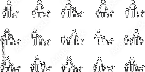 Minimalist family icon set featuring single parents with children and pet dogs in black line art vector style for infographics