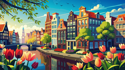 Very beautiful spring view of Amsterdam’s canal waterfront with classic Dutch houses and blooming tulips in the foreground, blending urban charm with colorful seasonal flowers.