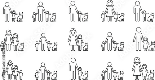 Minimalist family icon set featuring single parents with children cats and dogs in a modern black line art vector style