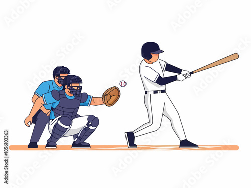 Baseball player hitting ball with catcher and umpire