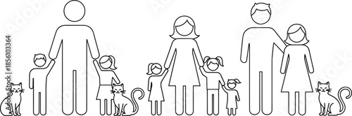 Minimalist family line art icons set featuring single parents with children cats and dogs in a modern black outline style