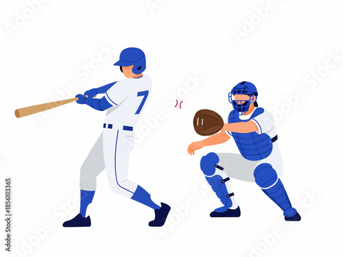 Baseball player hitting ball with catcher in position