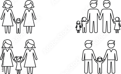 Diverse family icon collection featuring inclusive couples single parents children cats and dogs in minimalist line art and solid silhouettes