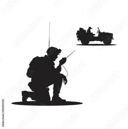 Tactical operator silhouette with backpack and radio communication device