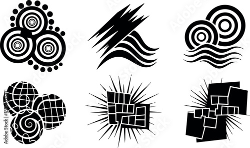 Abstract circular and square black vector shapes with wave and grid patterns artistic design 