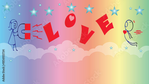 Stick figures attracting love with magnet and heart on colorful gradient background with clouds and stars