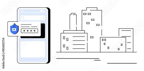 Mobile screen with shield lock and password popup alongside minimalist buildings. Ideal for cybersecurity, privacy, urban technology, data protection, smart cities, online safety, secure