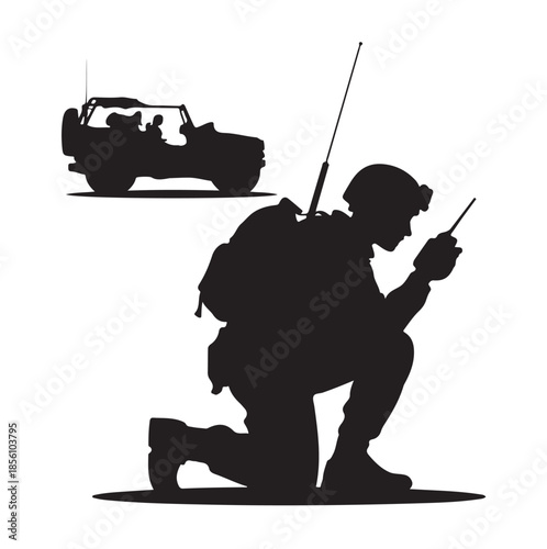 Kneeling soldier silhouette talking on radio with military vehicle isolated on white
