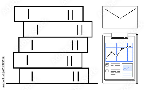 Office management, data tracking, analytics, productivity tools, document handling, business organization. A stack of books, clipboard with charts and envelope. Office management and data tracking