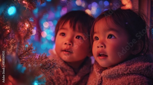 Wallpaper Mural Young Children Gazing at Colorful Holiday Lights with Wonder Torontodigital.ca