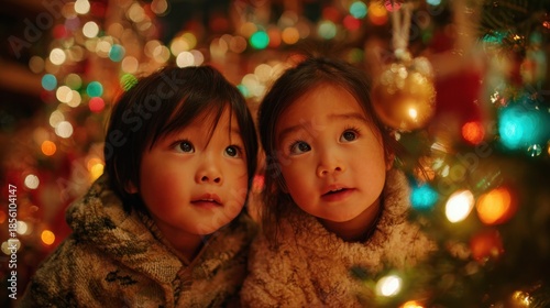 Wallpaper Mural Children in Cozy Sweaters Looking Up at Christmas Tree Decorations Torontodigital.ca