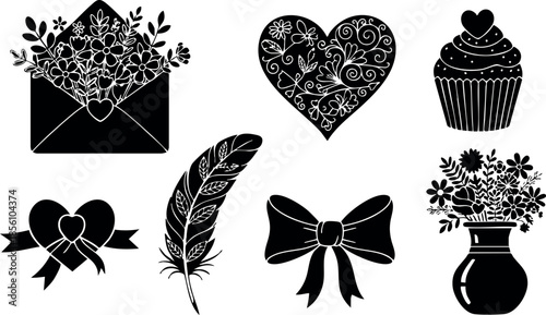 Romantic Valentine Day Icons with Heart Cupcake Envelope Feather Bow Vector Illustration 