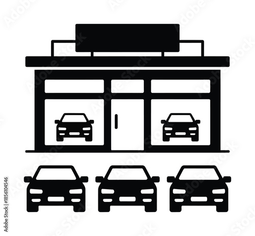 Black vector image of car dealership with front parking lot