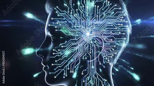 Artificial Intelligence Concept - This video showcases a human head silhouette with a complex circuit board pattern overlayed on it, symbolizing artificial intelligence and technological advancement.