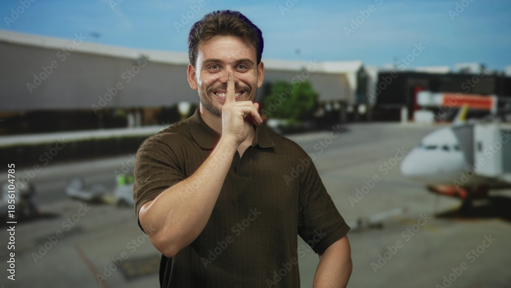 Fototapeta premium Young hispanic man at airport terminal smiling with finger to lips in a playful shushing gesture near jetway and airplane apron; playful secrecy.