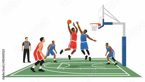 Basketball Players Playing Match on Court with Referee and Hoop