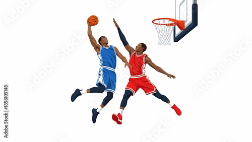 Two Basketball Players Competing for a High Jump Shot Under Hoop