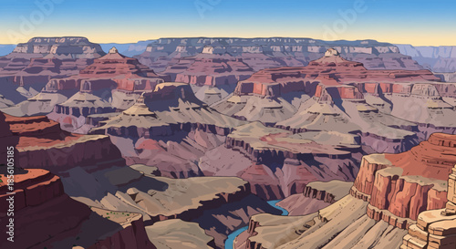 A breathtaking digital illustration of the Grand Canyon, showcasing its vast scale and colorful, layered rock formations under a clear blue sky.