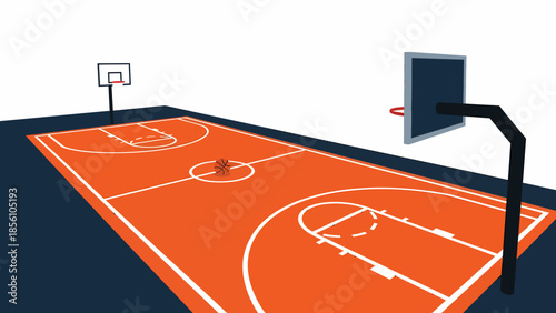 Perspective View of Empty Basketball Court with Ball