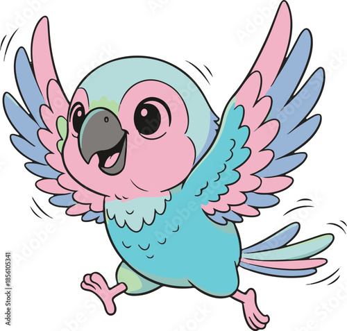 A cheerful cartoon parrot with colorful plumage spreading its wings in flight