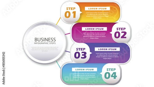 Business Infographic Template with 4 Steps. Modern Process Flow Chart with Numbered Banners and Icons for Marketing Strategy, Project Roadmap and Data Visualization. Professional Vector Illustration