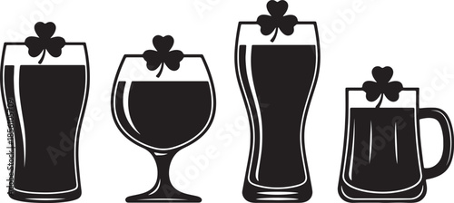 Four black silhouette of different glasses filled with liquid and topped with shamrock leaves for St Patricks Day celebration also transparent background