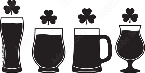 Collection of four black silhouette beer glasses and mugs each topped with a shamrock symbolizing Irish pub culture and St Patricks Day celebrations also transparent background