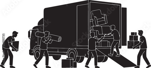 Black silhouette depicting various scenes of people moving and loading boxes onto a large truck with a liftgate, symbolizing relocation and delivery services also transparent background