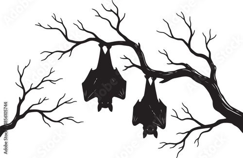 Silhouette of two bats hanging upside down from bare tree branches against a white background creating a spooky Halloween atmosphere also transparent background