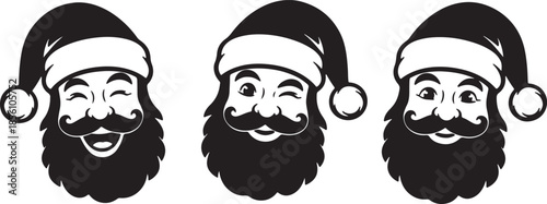 Three stylized black and white of Santa Claus faces with winking eyes and bushy mustaches wearing iconic hats also transparent background